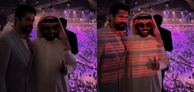 شاهد الممثل التركي بوراك يلتقط صورة تذكارية مع تركي آل شيخ في افتتاح موسم الرياض
