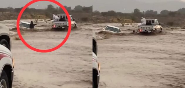 فيديو.. مواطن ينقذ شخصًا من الغرق في سيول كبكب بمكة