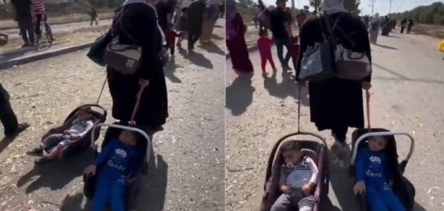 شاهد أم فلسطينية تجر طفليها لأكثر من 5 ساعات خلال نزوحها من غزة