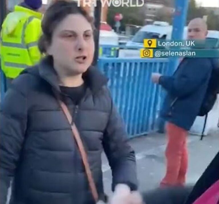 شاهد.. إمرأة مؤيدة لإسرائيل تهاجم أشخاصاً يوزعون منشورات لدعم غزة في لندن