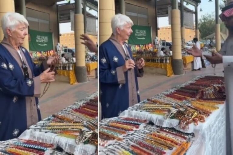 شاهد ردة فعل سائحة كندية بعد أن قام بائع سعودي بإهدائها سبحة