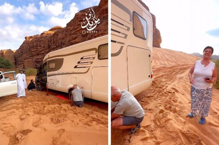 شاهد ردة فعل سعوديين عندما وجدوا سيارة ‏سائح بلجيكي عالقة بالرمال غرب ‎تبوك