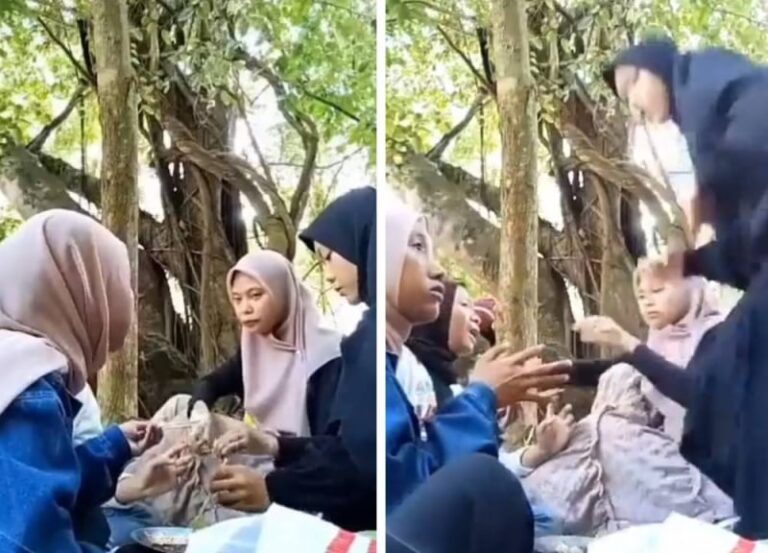 شاهد ضيف غير متوقع يداهم أسرة إندونيسية أثناء تناولها الطعام في الغابة