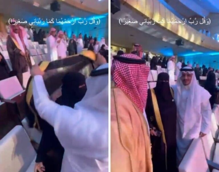 شاهد طبيب سعودي يخلع بشته ويلبسه لـ والدته أثناء حفل تخرجه لهذا السبب
