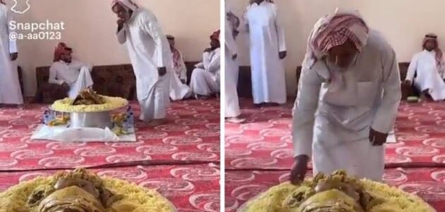 شاهد مواطن يثير الجدل بتناوله الطعام قبل ضيوفه