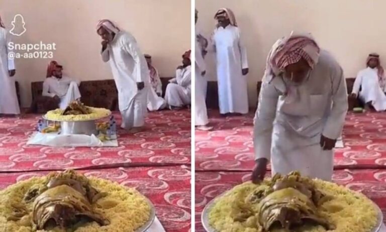 شاهد مواطن يثير الجدل بتناوله الطعام قبل ضيوفه