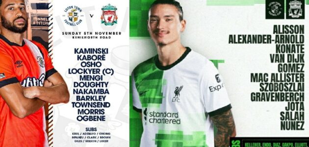 محمد صلاح أساسياً في صفوف الريدز: تشكيلات الفِرَق: لوتون تاون – نادى ليفربول الدوري الإنجليزي الممتاز ( حكم مباراة ليفربول لوتون )