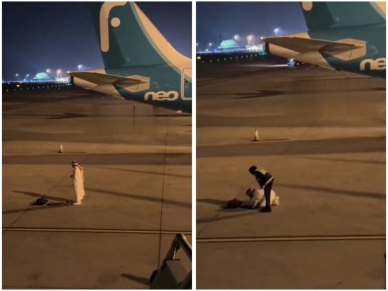 مسافر يؤدي الصلاة وسط مدرج للطائرات.. شاهد ماذا فعلت معه عاملة بالمطار
