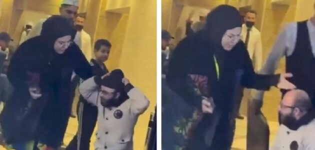 بسبب قصر قامته.. شاهد زوجة تعنف زوجها بشكل لا يصدق في احد المولات