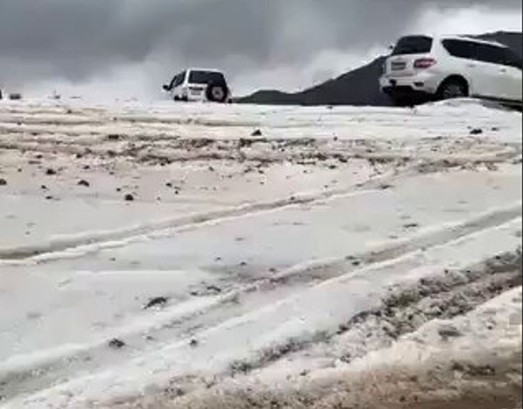 تساقط الثلوج على جبل اللوز في تبوك وإقبال المتنزهين على الاستمتاع بالأجواء الشتوية -فيديو