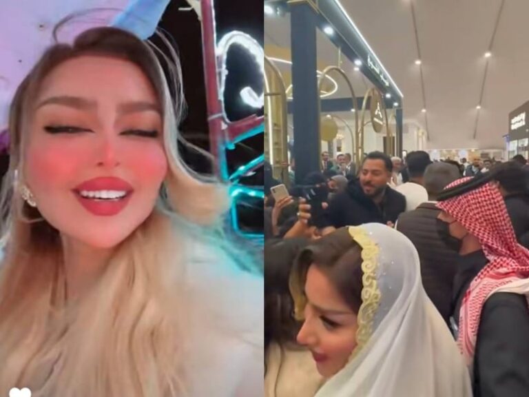 شاهد تجمهر شديد حول مروج الرحيلي أثناء زيارتها لمعرض العطور في ينبع