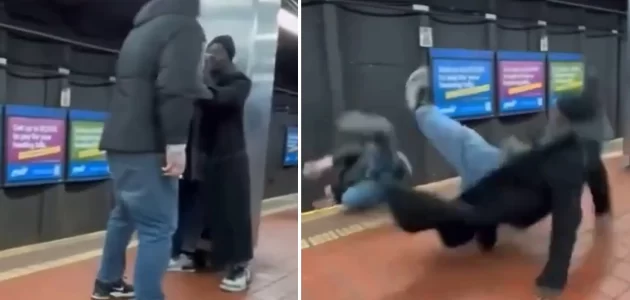 شاهد أمريكي يتشاجر مع شخص آخر وعند اقتراب القطار كانت الصدمة