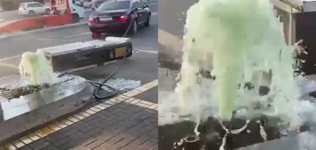 شاهد انقلاب خزان وقود في إحدى المحطات بسبب سيارة