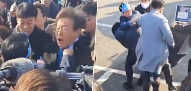 شاهد زعيم معارضة كوري جنوبي يتعرض للطعن في رقبته خلال مؤتمر صحفي