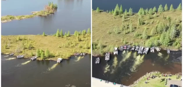 شاهد سكان ولاية ويسكونسن الأمريكية يدفعون جزيرة ضخمة بقواربهم والكشف عن السبب