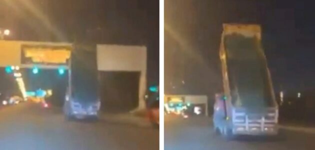 شاهد لحظة اصطدام شاحنة بلوحة إرشادية على طريق الجهراء في الكويت