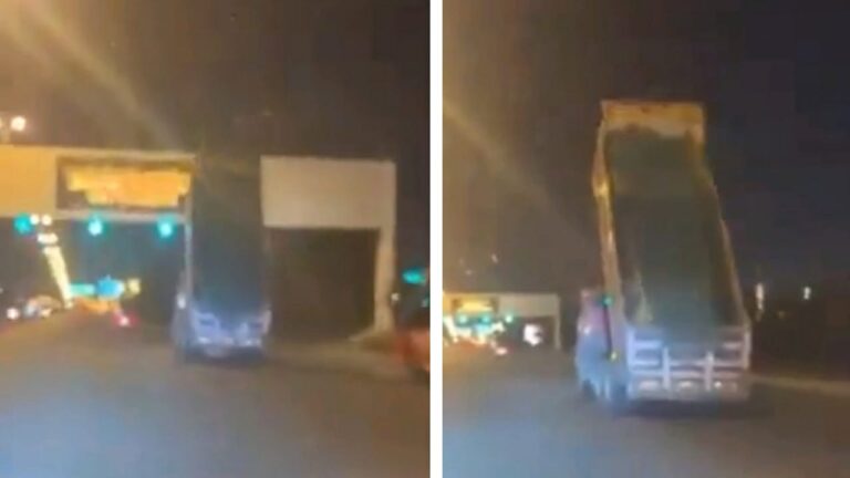 شاهد لحظة اصطدام شاحنة بلوحة إرشادية على طريق الجهراء في الكويت