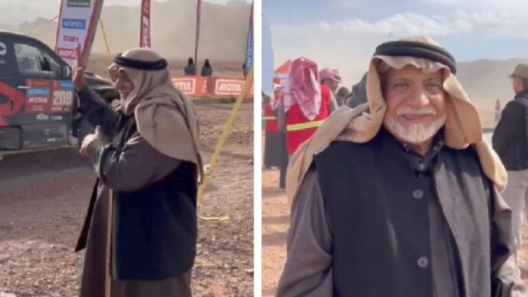 شاهد مسن سعودي يقطع 80 كم ليشجع المتسابقين في رالي داكار بعد وصولهم حائل