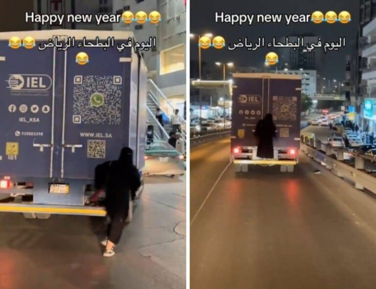 فيديو يثير الجدل لـ امرأة متعلقة في الأبواب الخلفية لسيارة نقل أثناء سيرها في البطحاء بالرياض