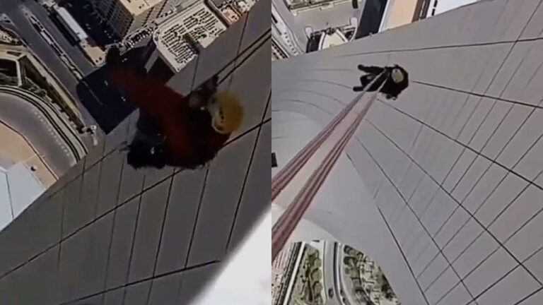 مشهد يحبس الأنفاس لطريقة تنظيف برج المملكة في الرياض
