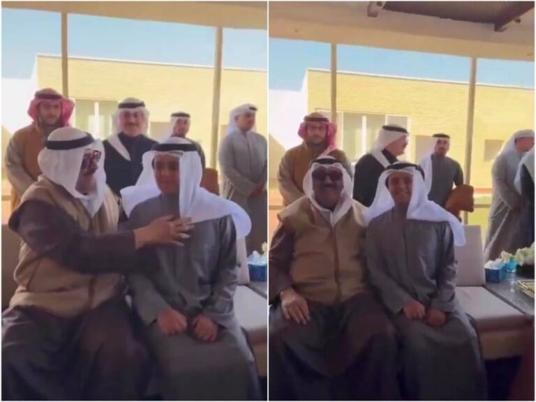 حتى يظهر بكامل أناقته.. شاهد أمير الكويت يعدّل غترة شاب أراد التقاط صورة تذكارية