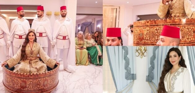 شاهد لجين عمران ترتدي القفطان المغربي ومحمولة على هودج خلال حضورها مهرجان قفطان مازاغان