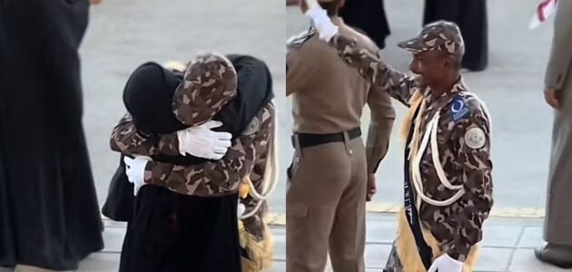 شاهد مواطنة توثق ردة فعل زوجها تجاهها في حفل تخرجه برتبة وكيل رقيب